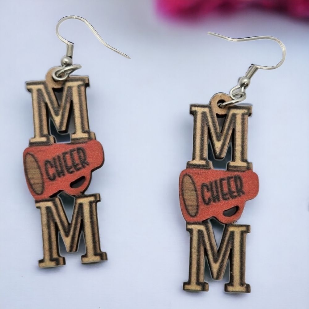 CHEER Mom Earrings Cheerleader Megaphone Wooden Dangle Pierced Sport Jewelry